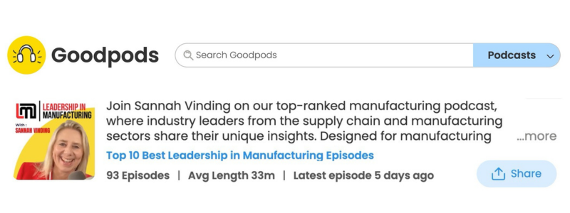 Goodpods - leadership in manufacturing podcast - sannah vinding - top ranked podcast 